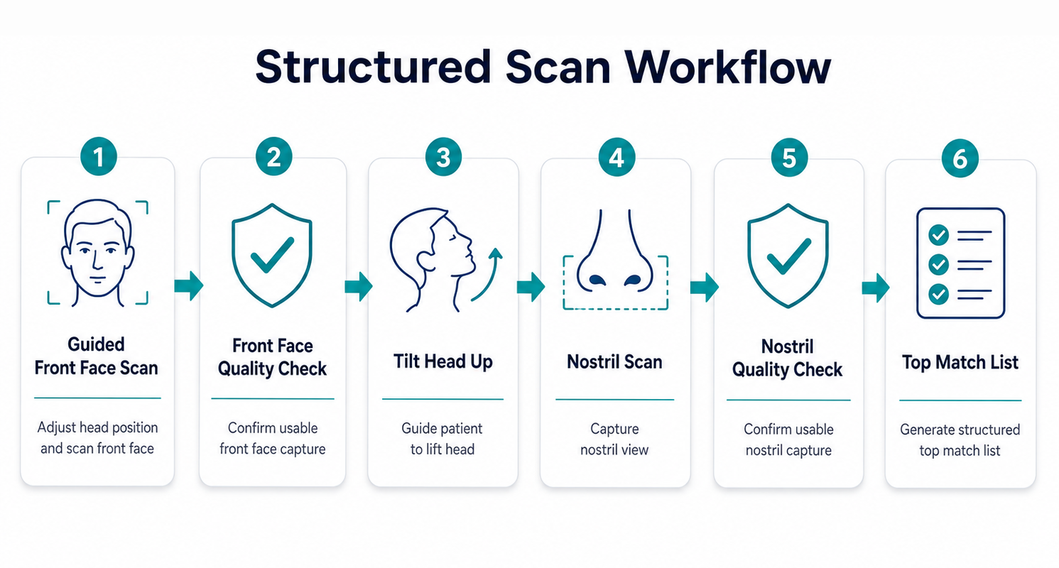 Structured scan workflow showing guided face scan, front face quality check, nostril measurement, nostril quality check, and top match list