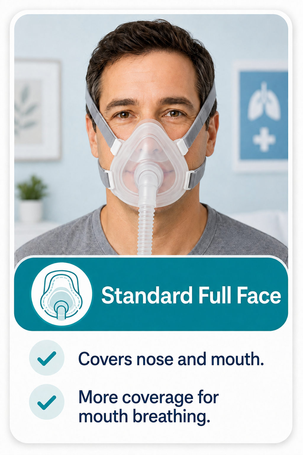 Standard full face CPAP mask covering the nose and mouth