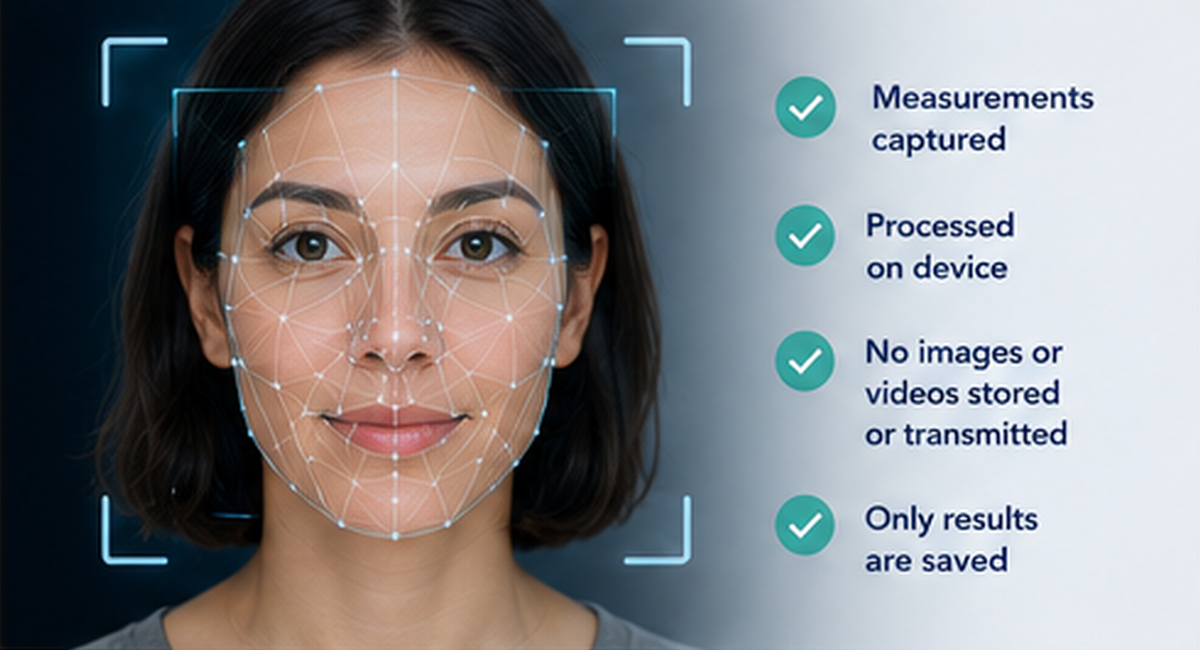 MaskFit AR local processing workflow showing measurements captured without storing or transmitting facial images