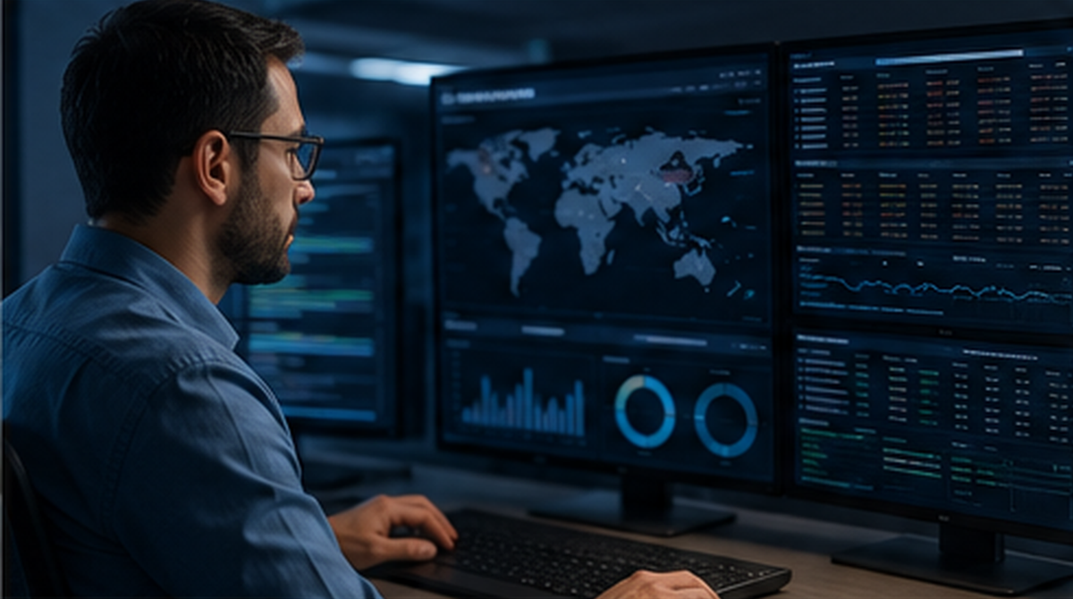 Security professional reviewing monitoring and platform activity information