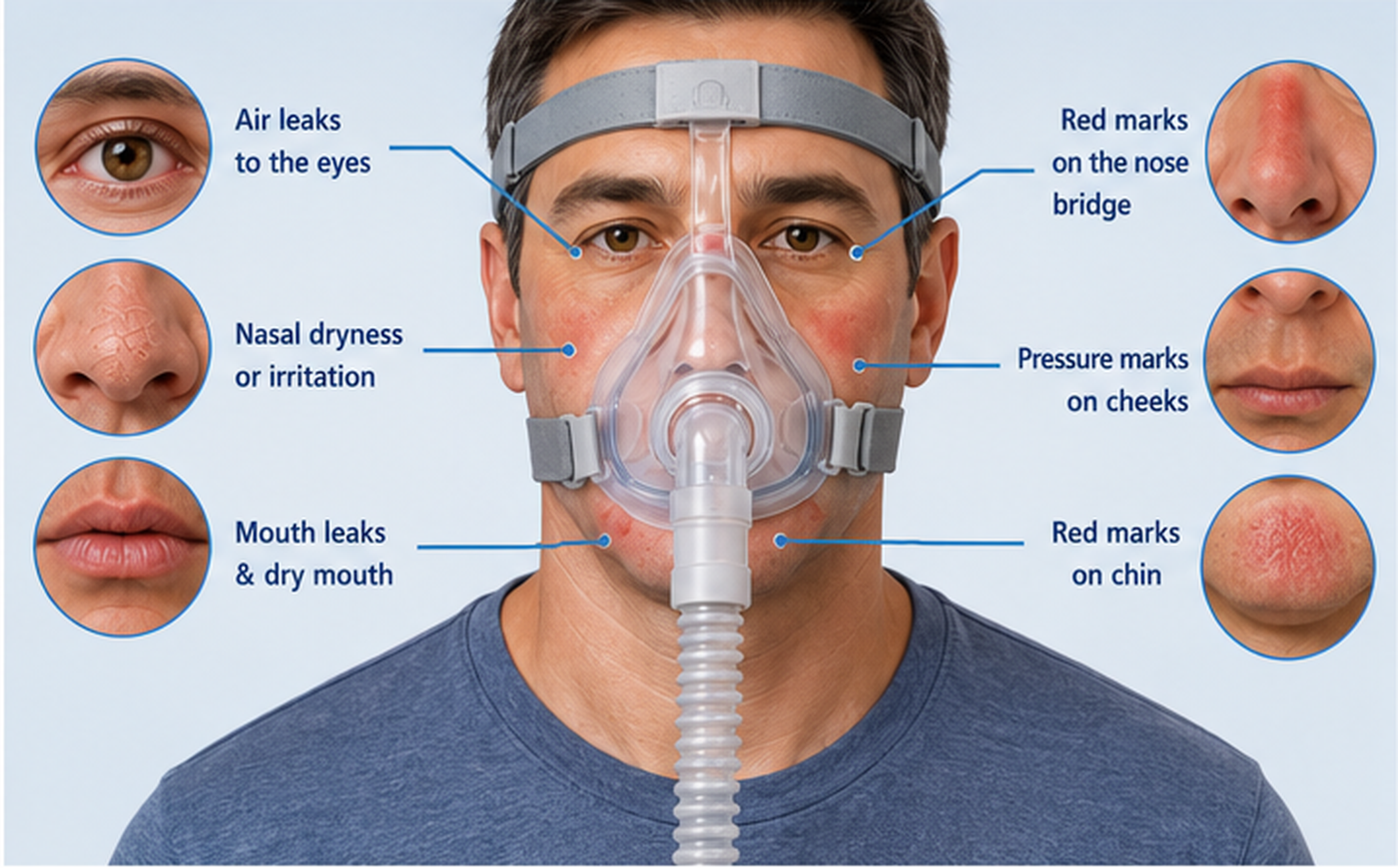 CPAP mask showing common leak and irritation areas around the eyes, nose, cheeks, and mouth