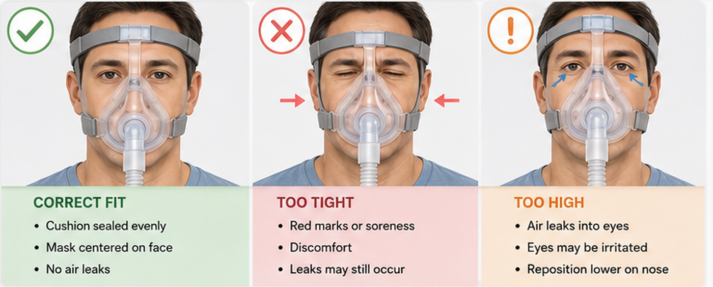 Examples showing correct CPAP mask positioning, overtightening, and air leaking toward the eyes