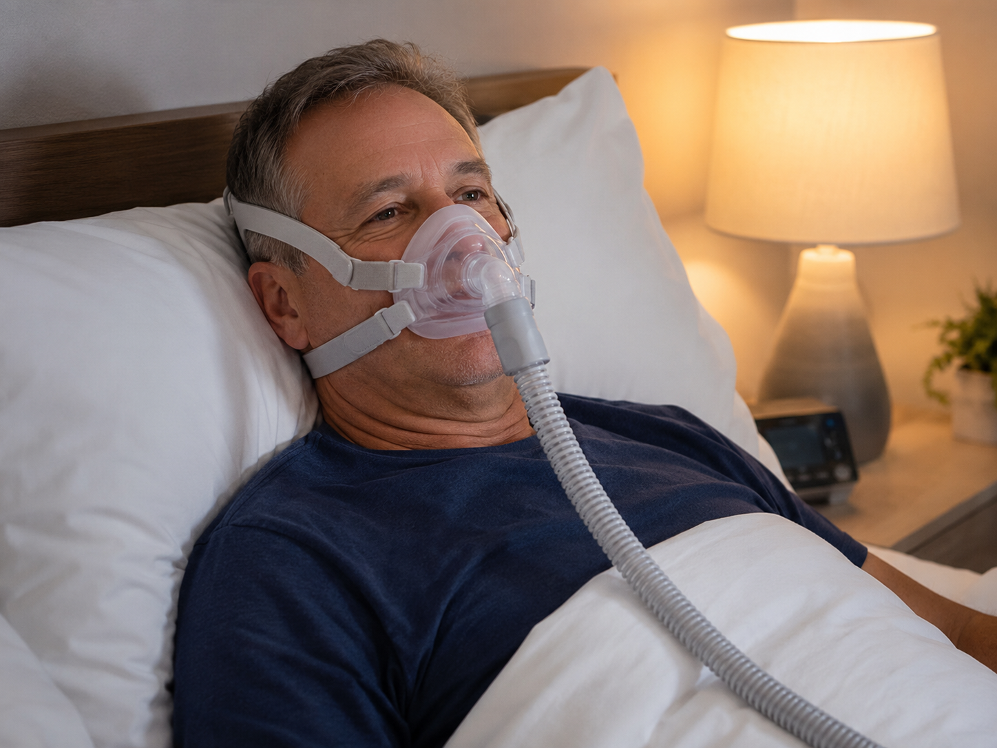 Patient comfortably resting while wearing a nasal CPAP mask