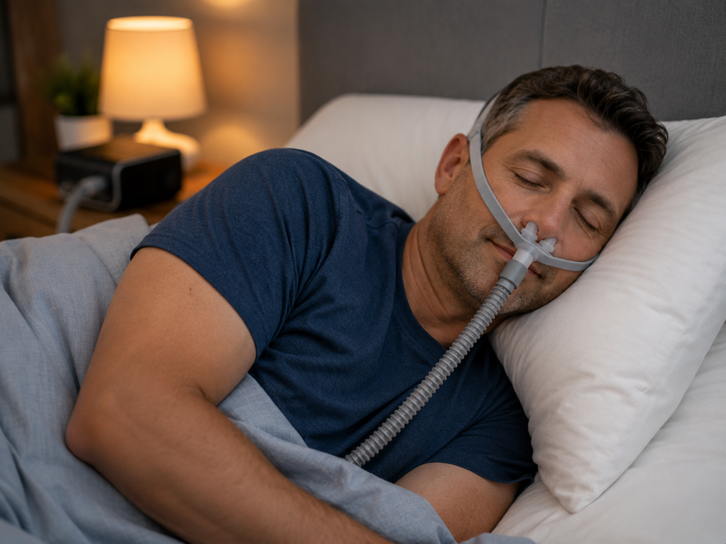 Side sleeper comfortably wearing a nasal pillow CPAP mask