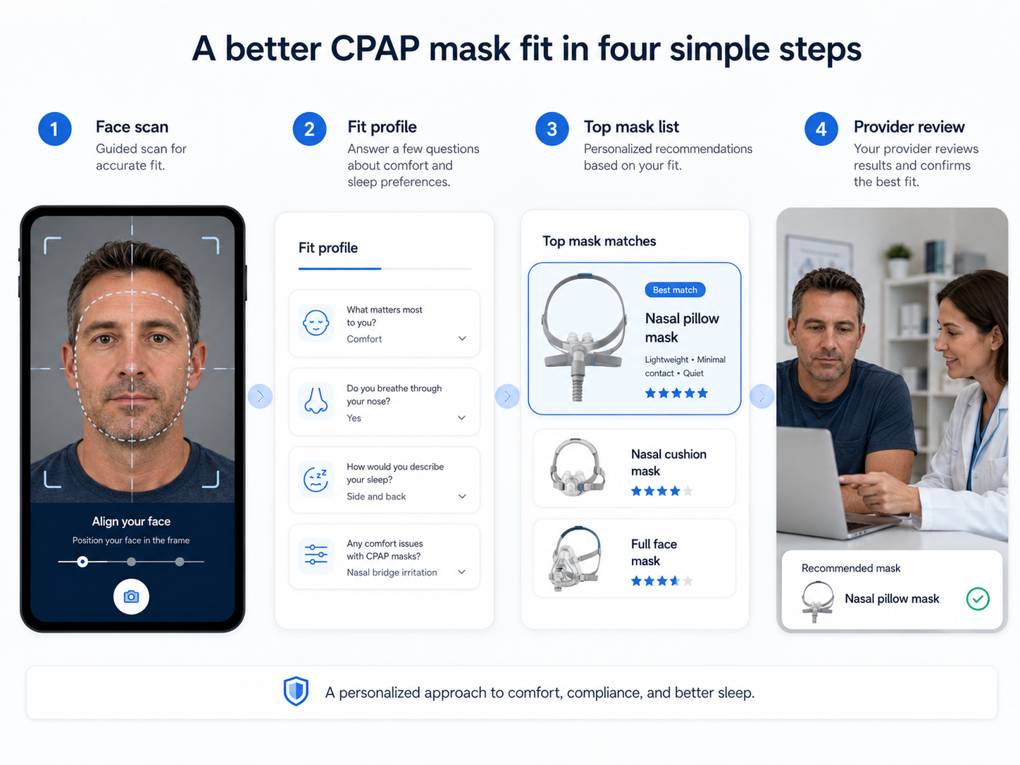 MaskFit workflow showing a guided face scan, fitting information, top mask list, and provider review